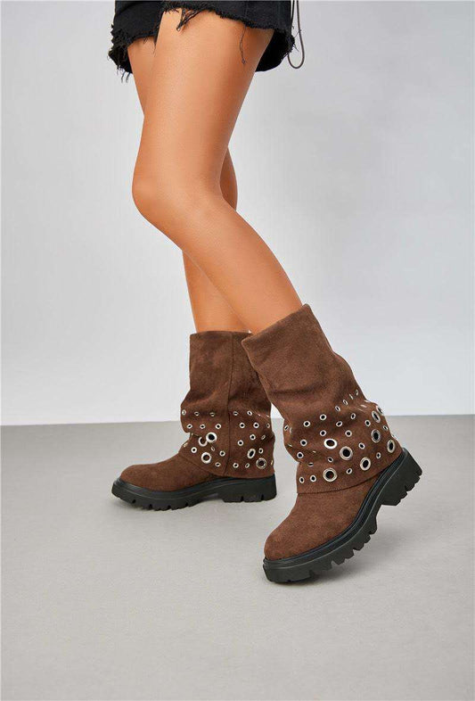 Biker boots guêtre plateforme ornées d'œillets, Marron