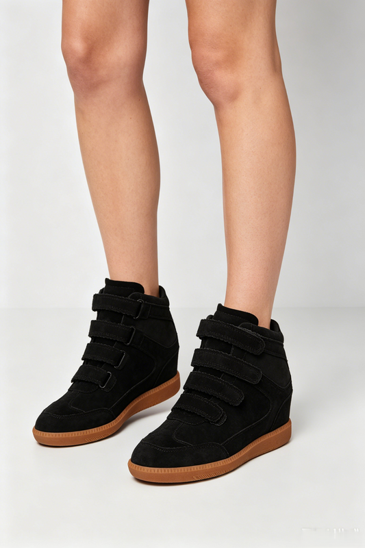 Sneakers Compensées à Scratchs en Suédine - noir