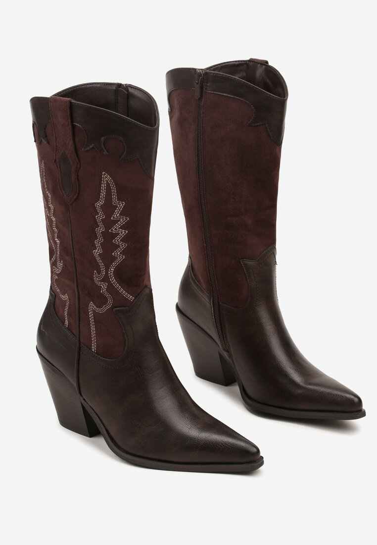 Bottes Santiags mi-mollet bi-matières, Marron