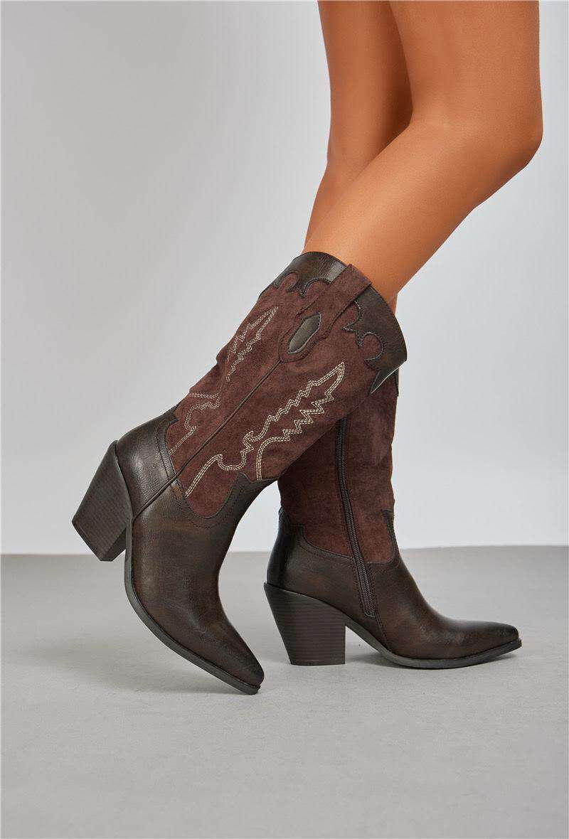 Bottes Santiags mi-mollet bi-matières, Marron