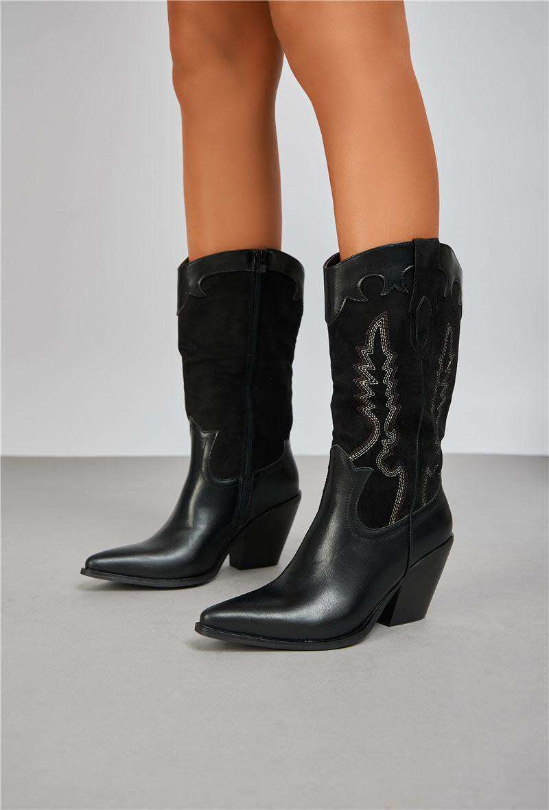 Bottes Santiags mi-mollet bi-matières,  Noires