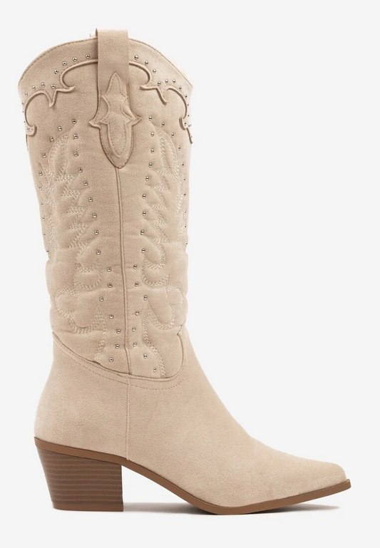 Bottes Santiags suédine cloutés style Cowboy, Beige