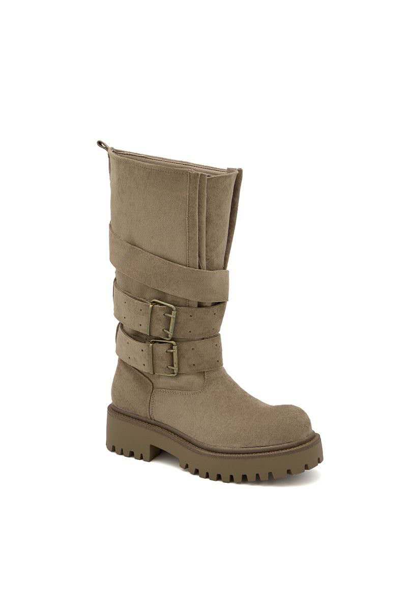 Bottes Mi-Hautes Biker à brides et Boucles - taupe