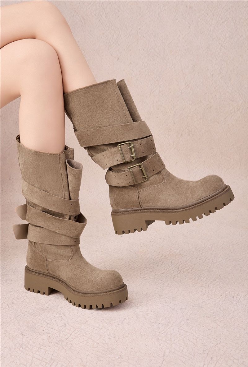 Bottes Mi-Hautes Biker à brides et Boucles - taupe