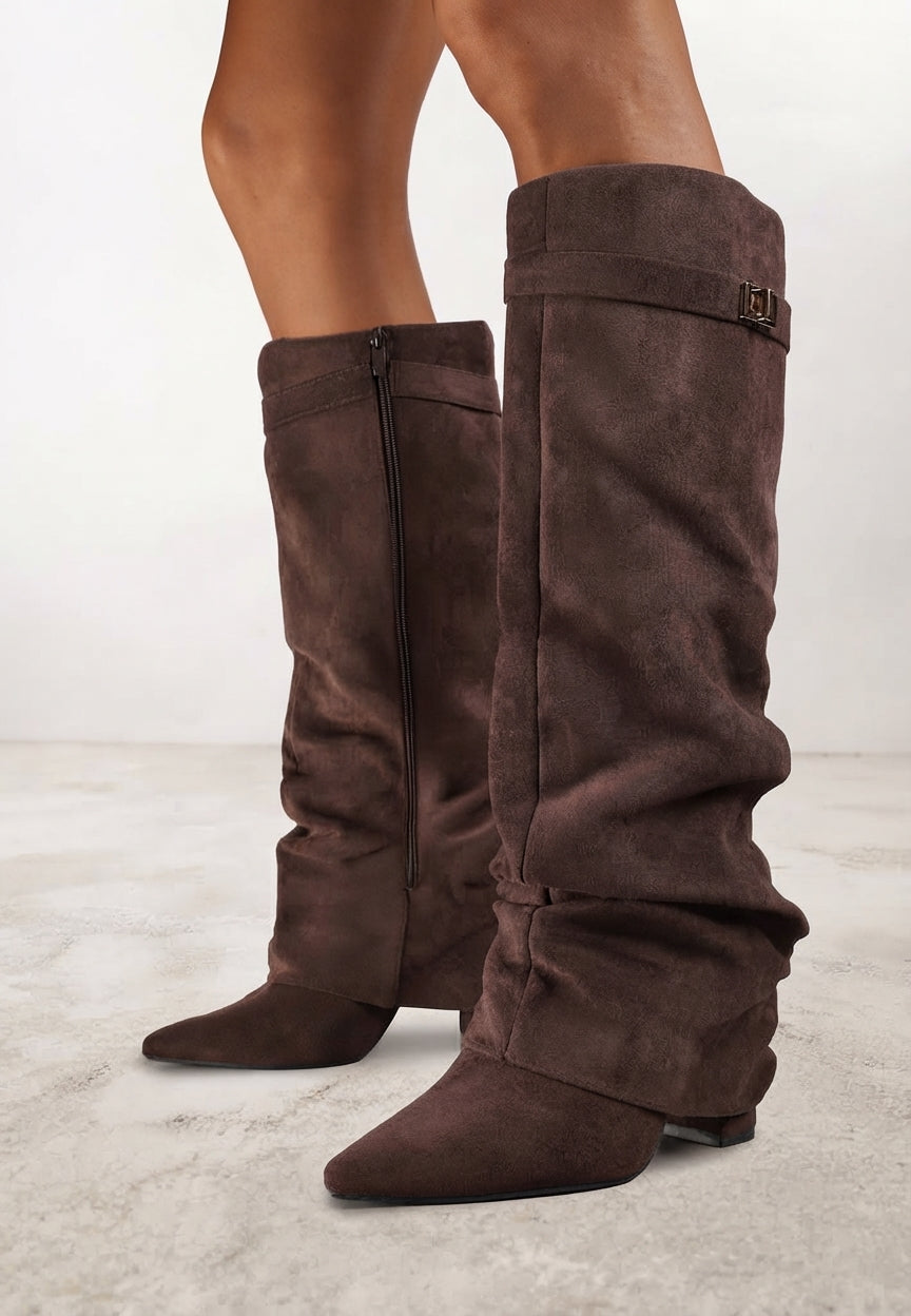 Bottes guêtres plissé à talon bloc et bout pointu, Marron