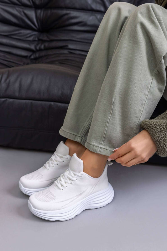 Baskets plateforme à lacets en tissus, blanche