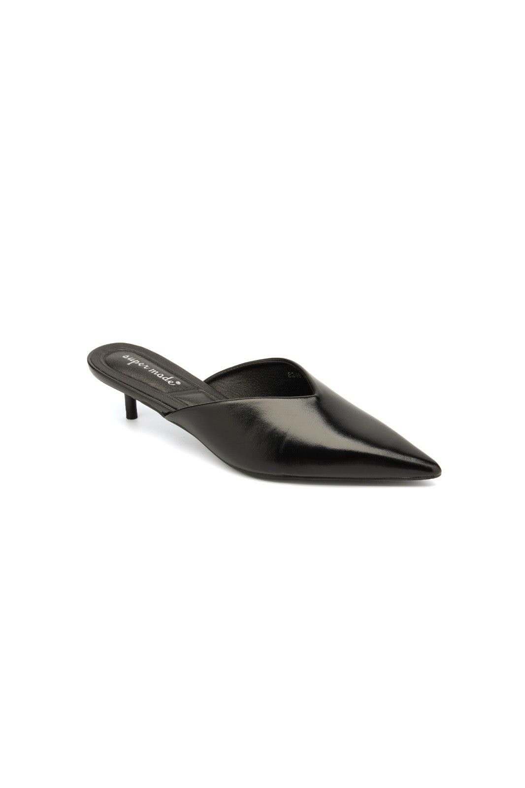 Mules en verni à bout pointu et petit talon, Noire