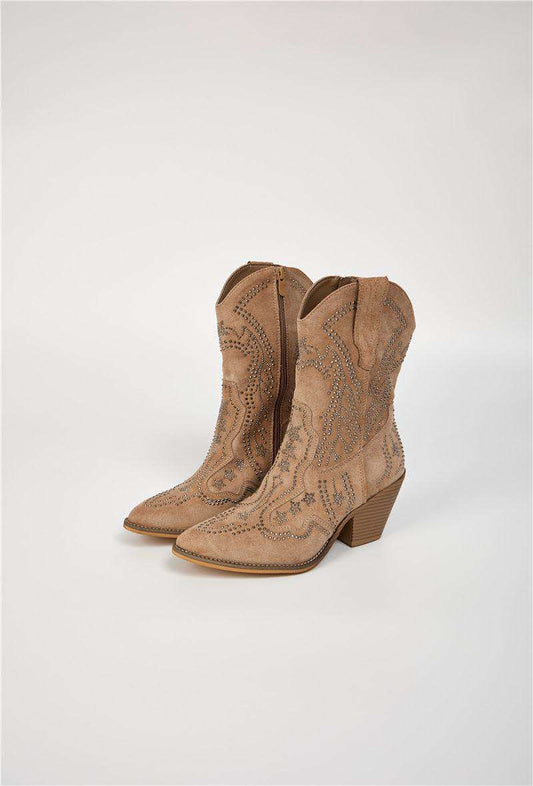 Boots Santiags mi-mollets à strass, Taupe
