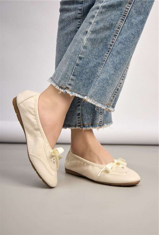 Ballerines à lacets bi-matière, Beige écru