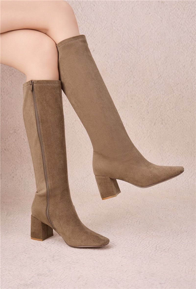 Bottes Hautes Extensibles à Talon Carré - taupe