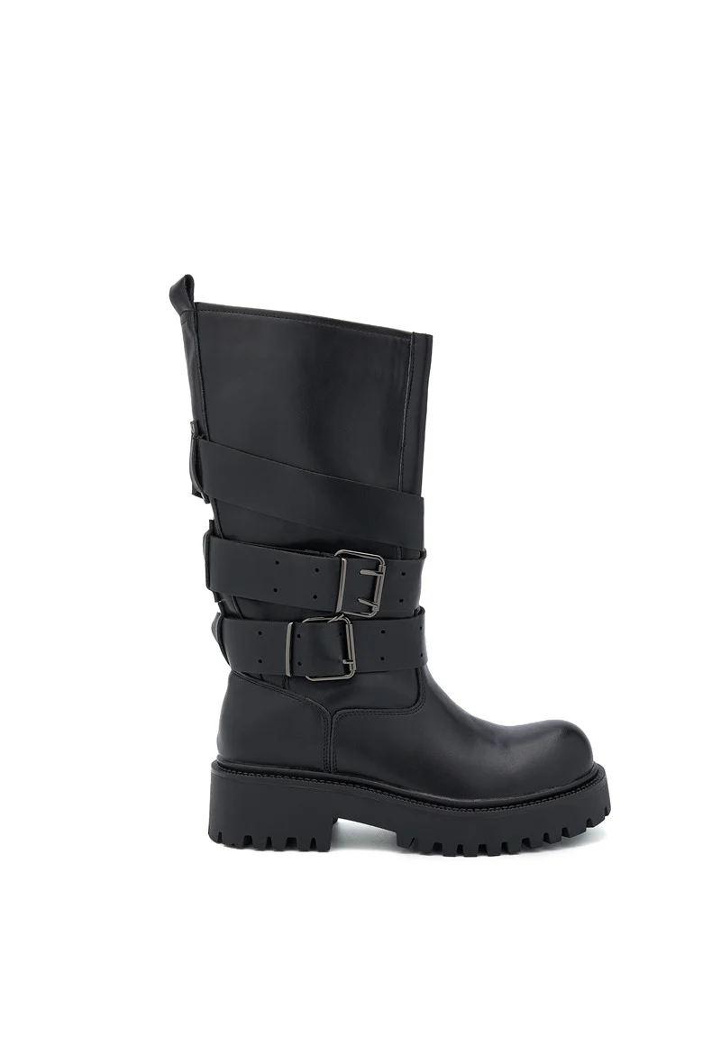 Bottes Mi-Hautes Biker à multi birdes et Boucles - noir