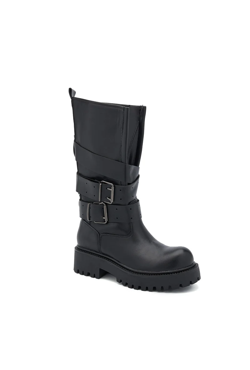 Bottes Mi-Hautes Biker à multi birdes et Boucles - noir