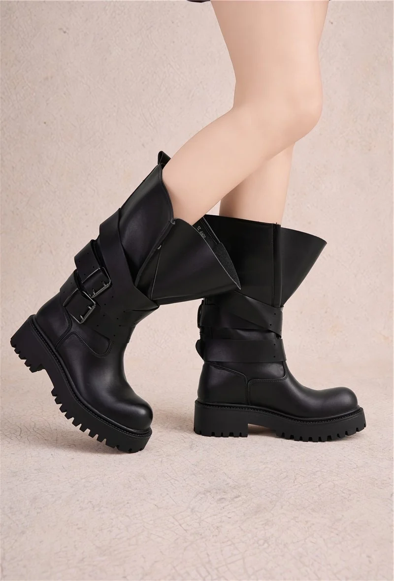 Bottes Mi-Hautes Biker à multi birdes et Boucles - noir