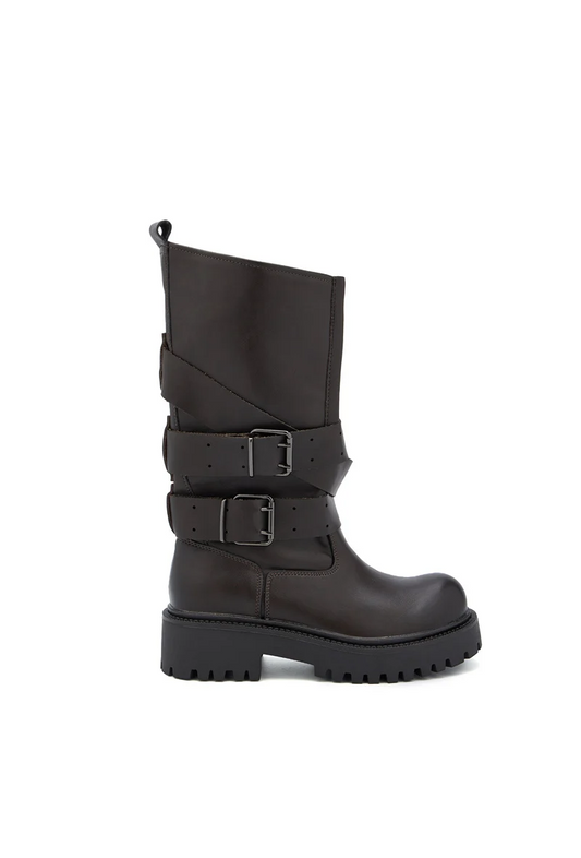 Bottes Mi-Hautes Biker à multi birdes et Boucles - Marron