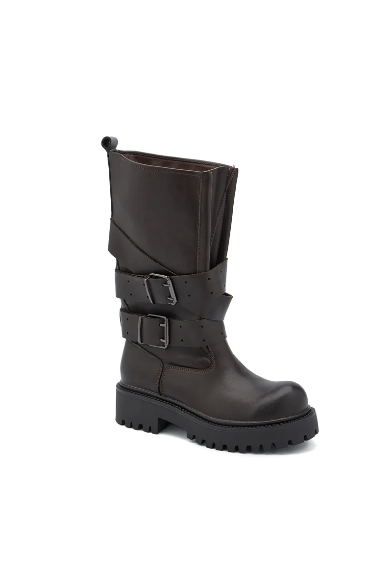 Bottes Mi-Hautes Biker à multi birdes et Boucles - Marron