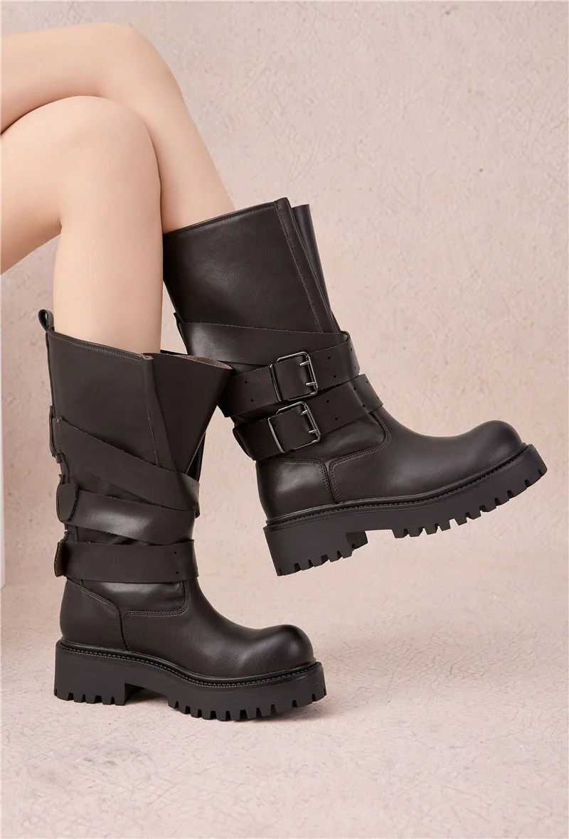 Bottes Mi-Hautes Biker à multi birdes et Boucles - Marron