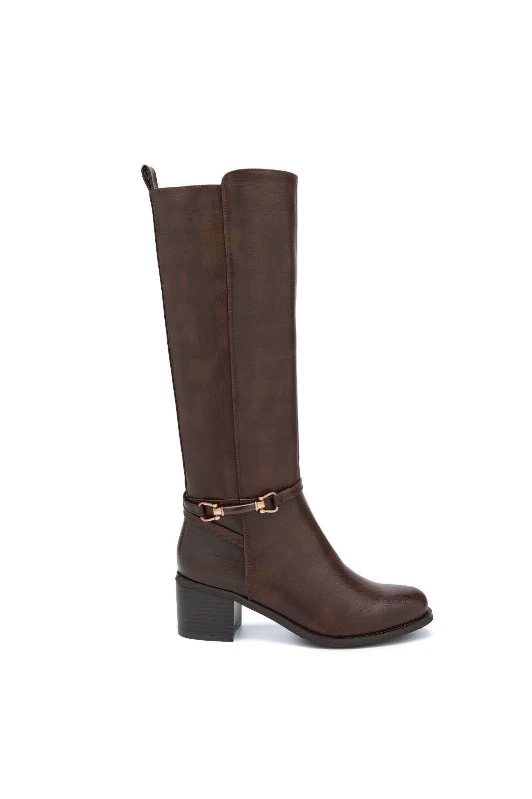 Bottes hautes à détail mors équestre et talon bloc - marron