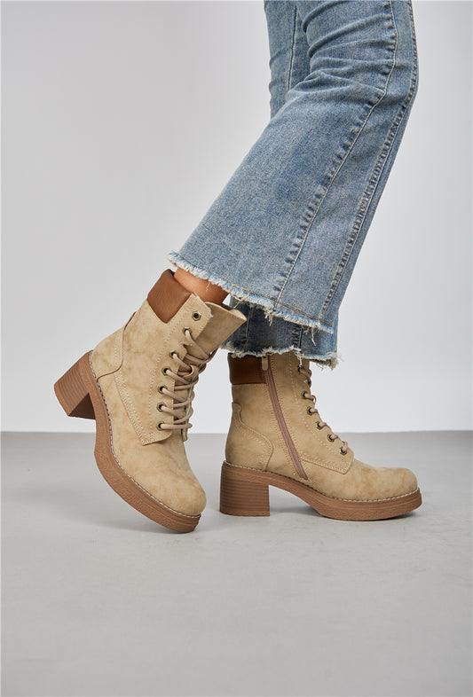 Bottines plateforme à lacets à talon épaisse, Taupe