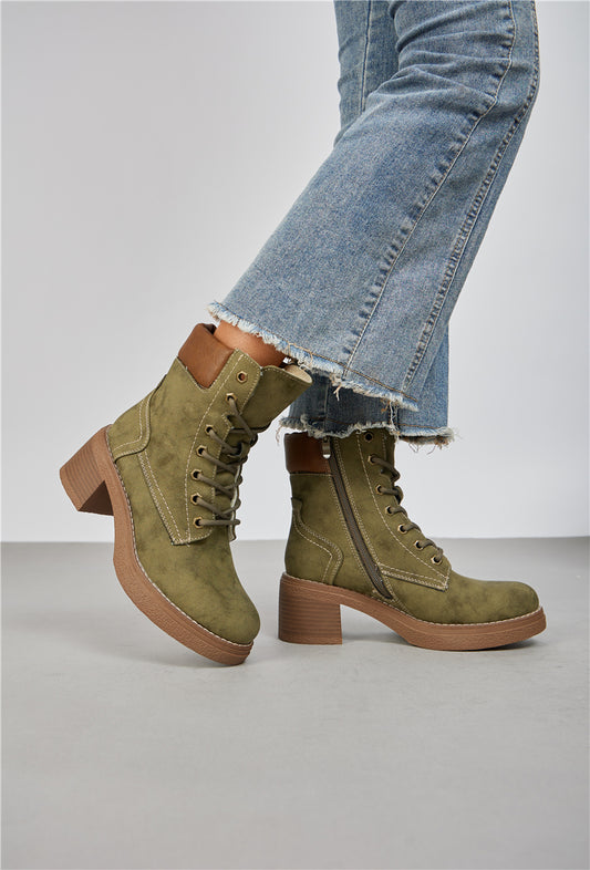 Bottines plateforme à lacets à talon épaisse, Kaki