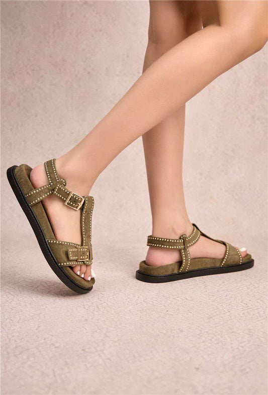 Sandales à bride cloutée à boucle, Kaki olive