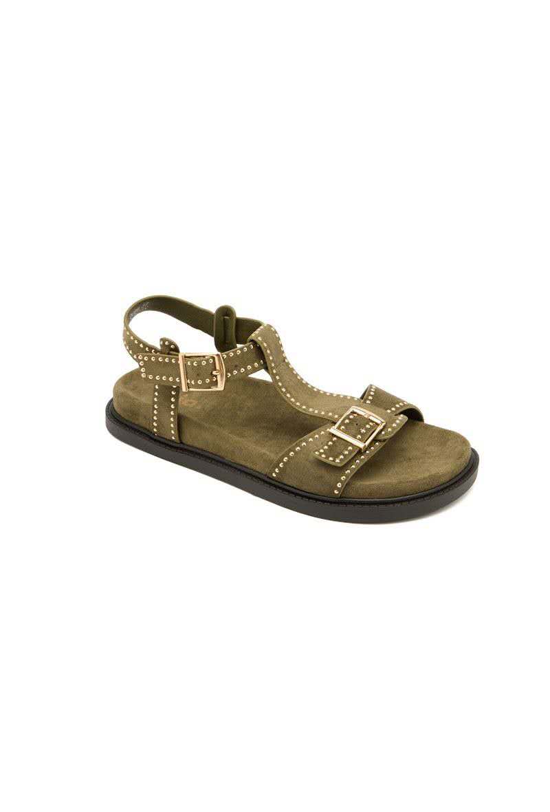 Sandales à bride cloutée à boucle, Kaki olive