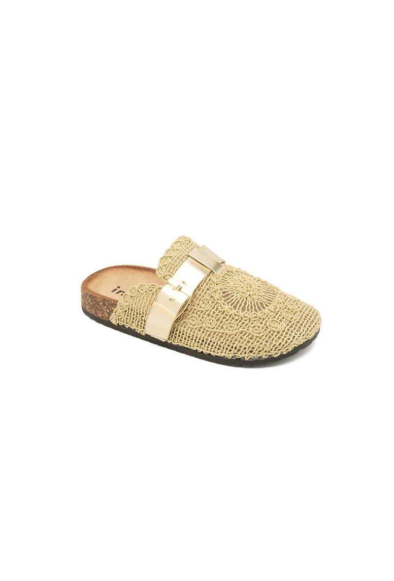 Mules Sabot femme en dentelle avec boucle, doré