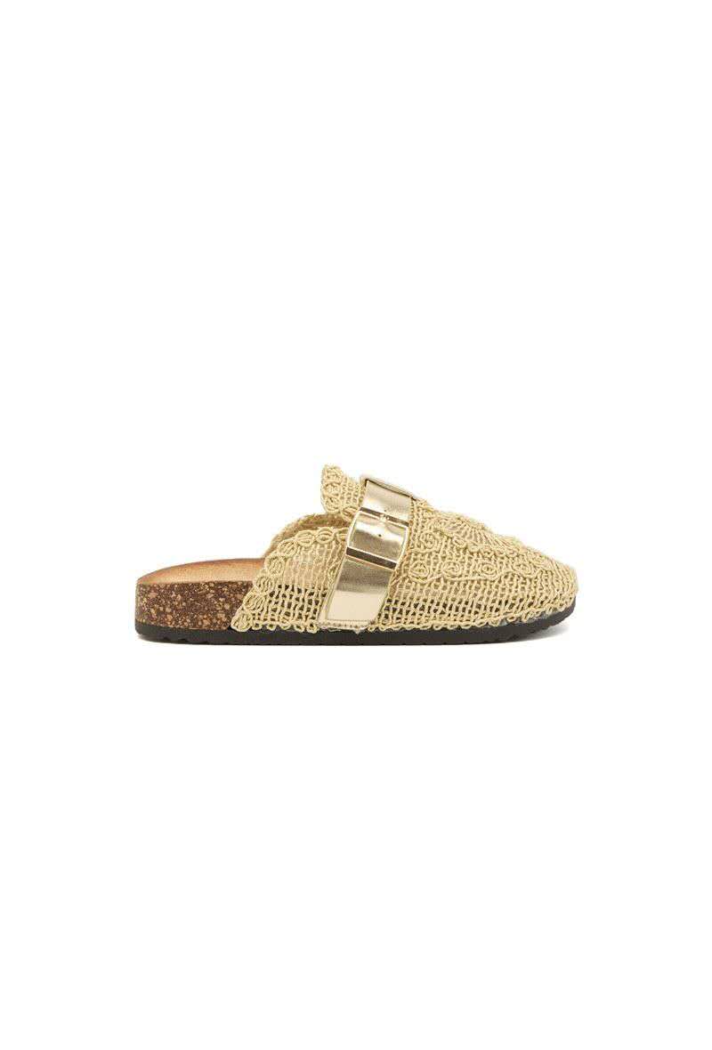 Mules Sabot femme en dentelle avec boucle, doré
