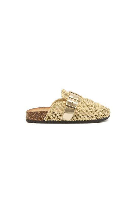 Mules Sabot femme en dentelle avec boucle, doré