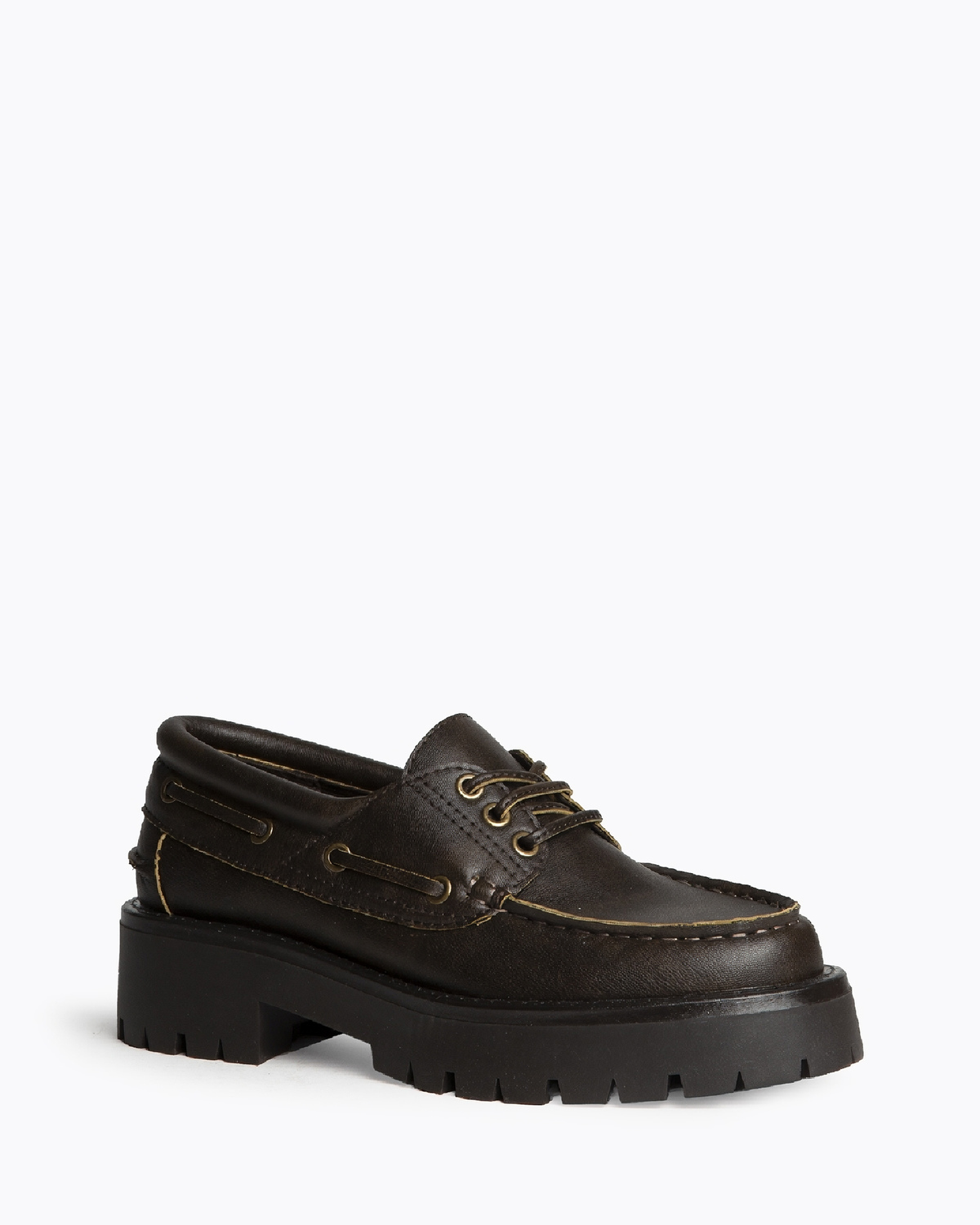 Chaussure bateau à lacets semelle crantée, Café