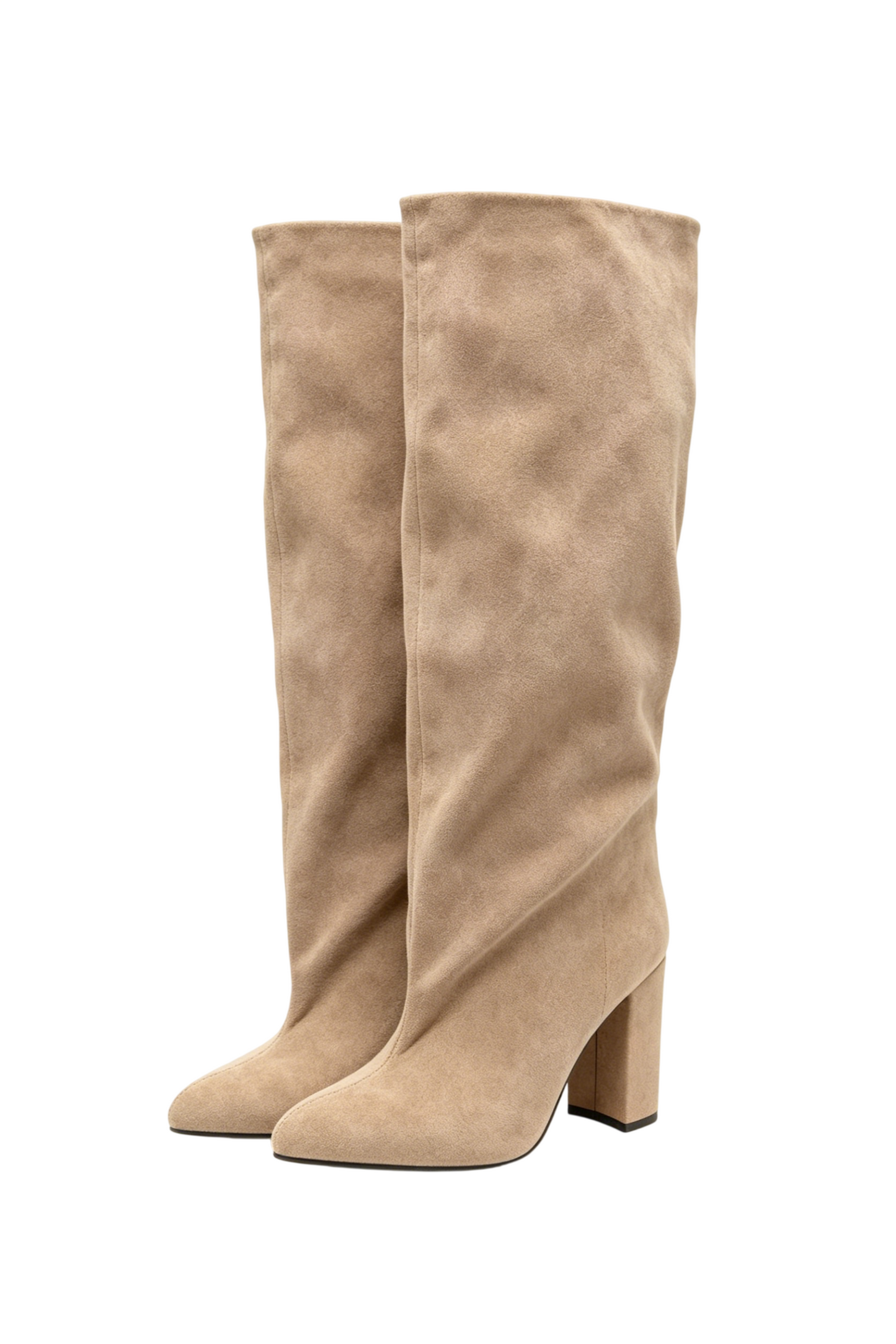 Bottes bout pointu souple plissé à talon bloc, Taupe