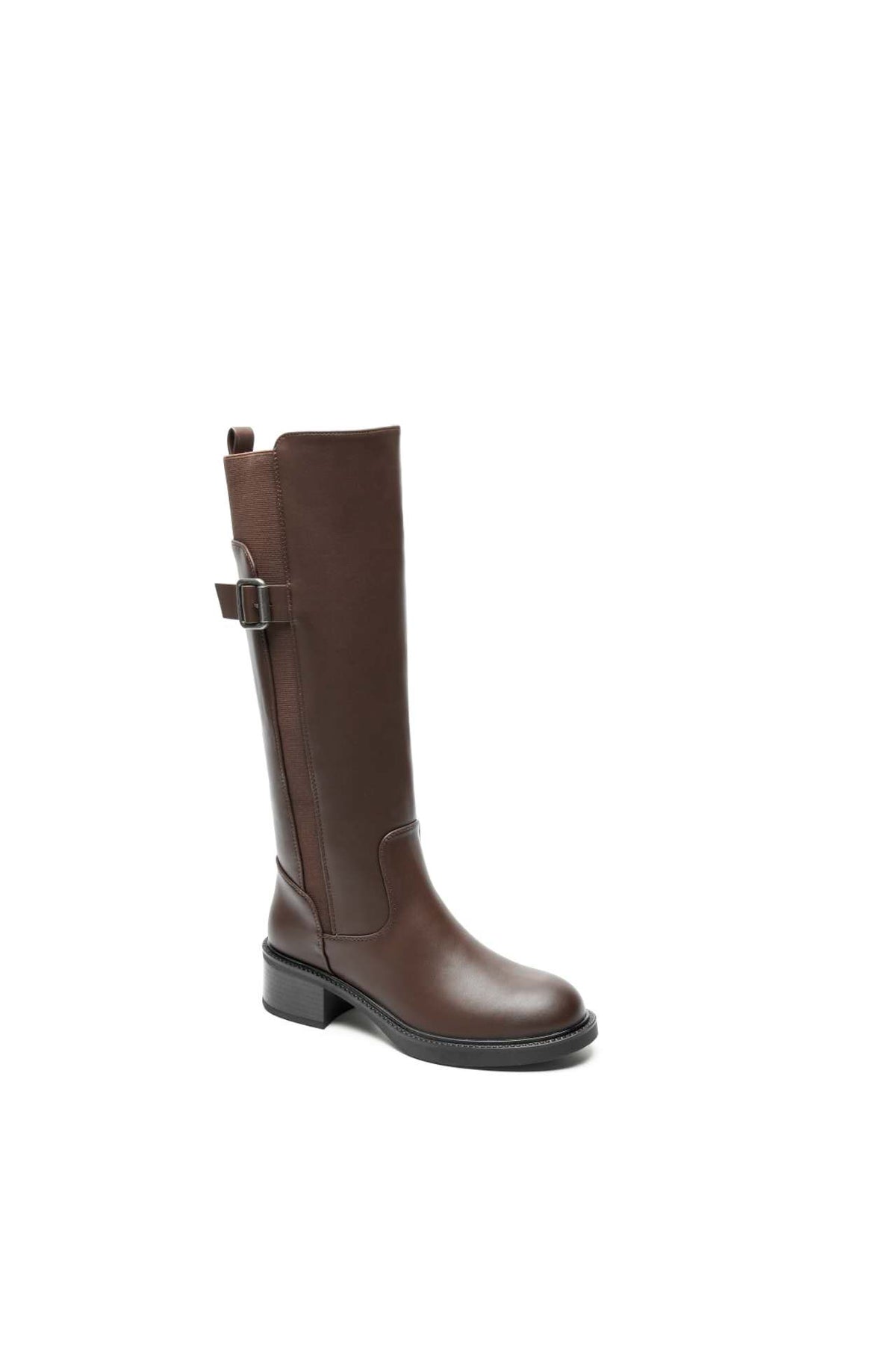 Bottes cavalières à talon bloc et boucles  - marron