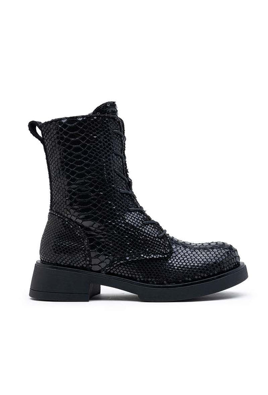 Bottines femmes à lacets effet serpent, Noire