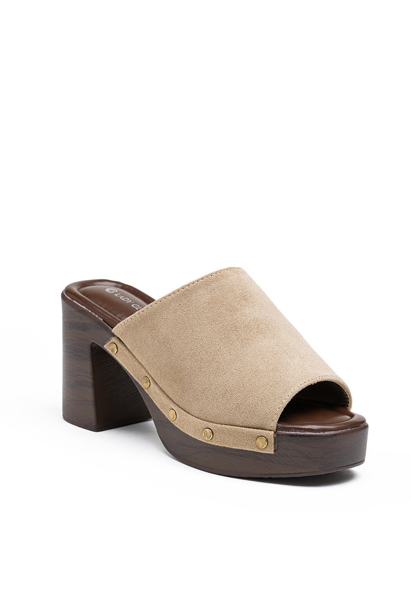 Mules plateforme larges brides à talons, Taupe
