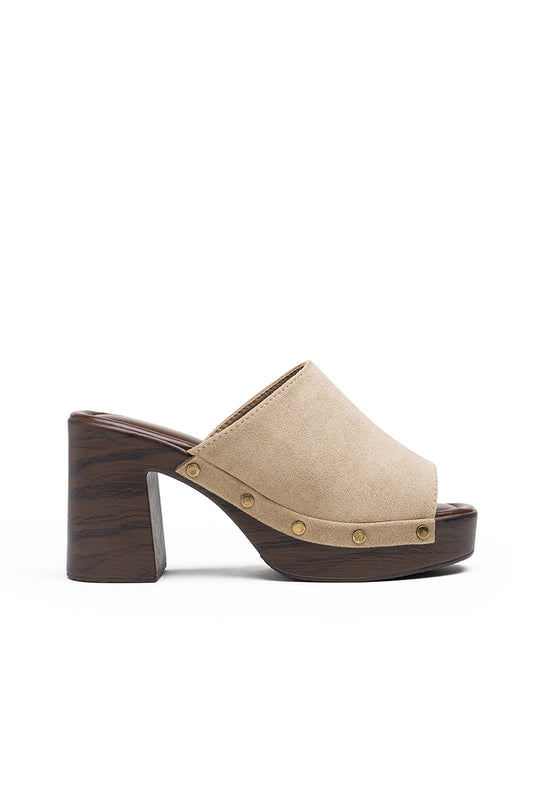 Mules plateforme larges brides à talons, Taupe