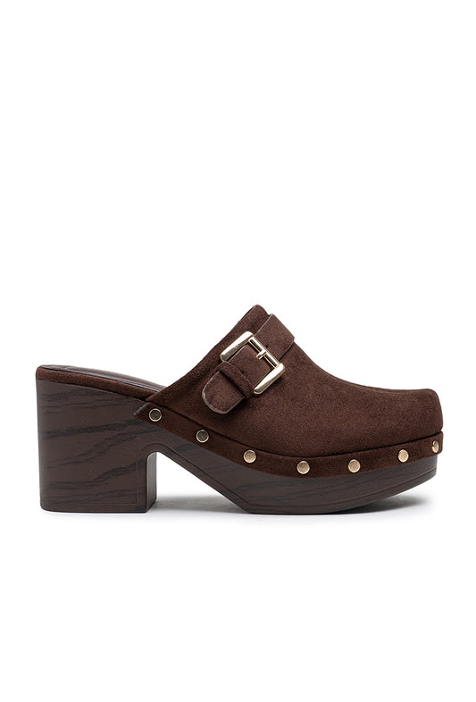 Mule sabot à talon carré et boucle, Marron