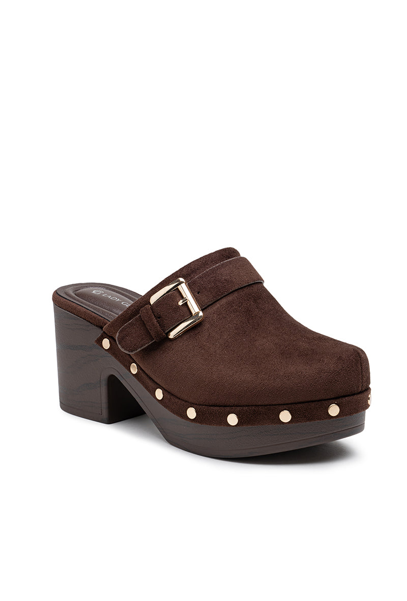 Mule sabot à talon carré et boucle, Marron