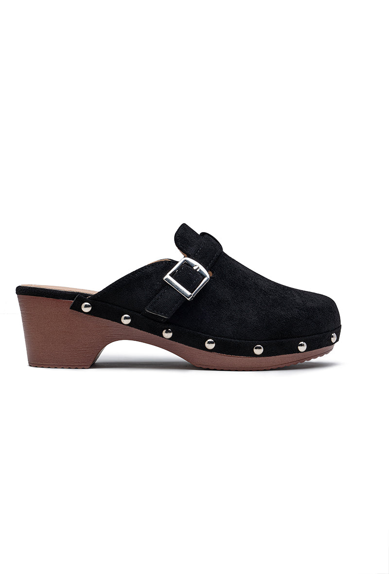 Mule sabot à talon carré et boucle, NOIR