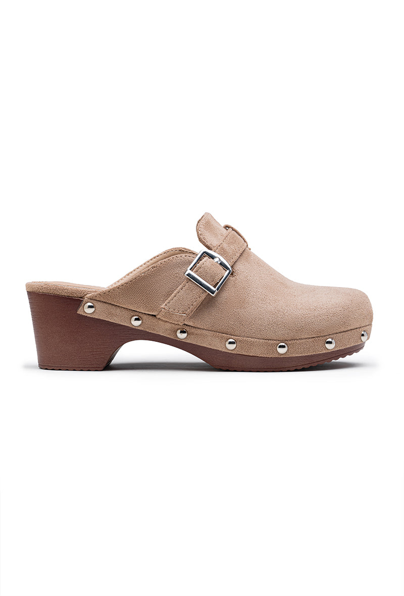Mule sabot à talon carré et boucle, Taupe
