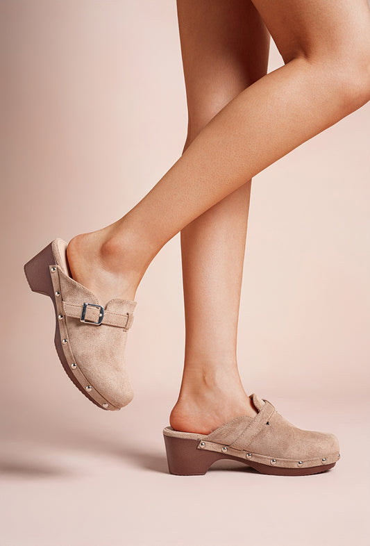 Mule sabot à talon carré et boucle, Taupe