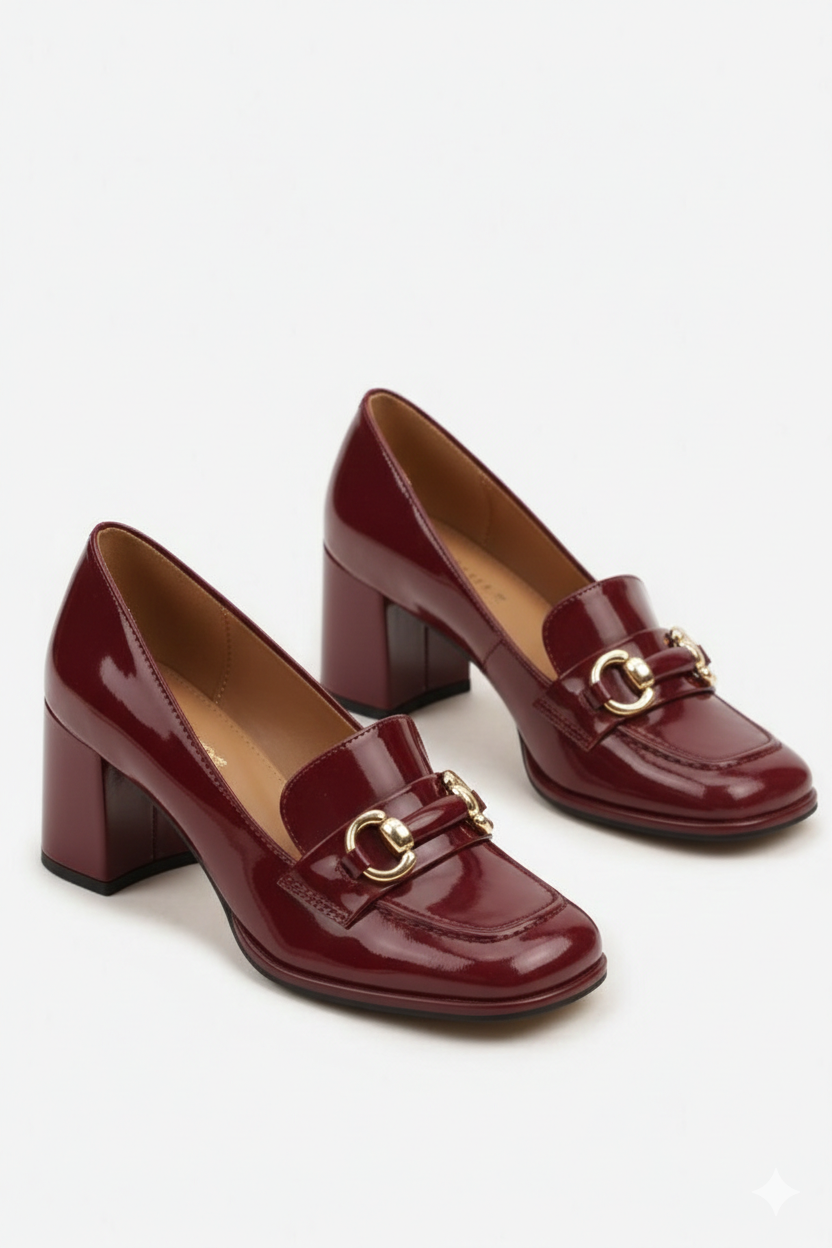 Mocassins femmes à talon bloc, Bordeaux