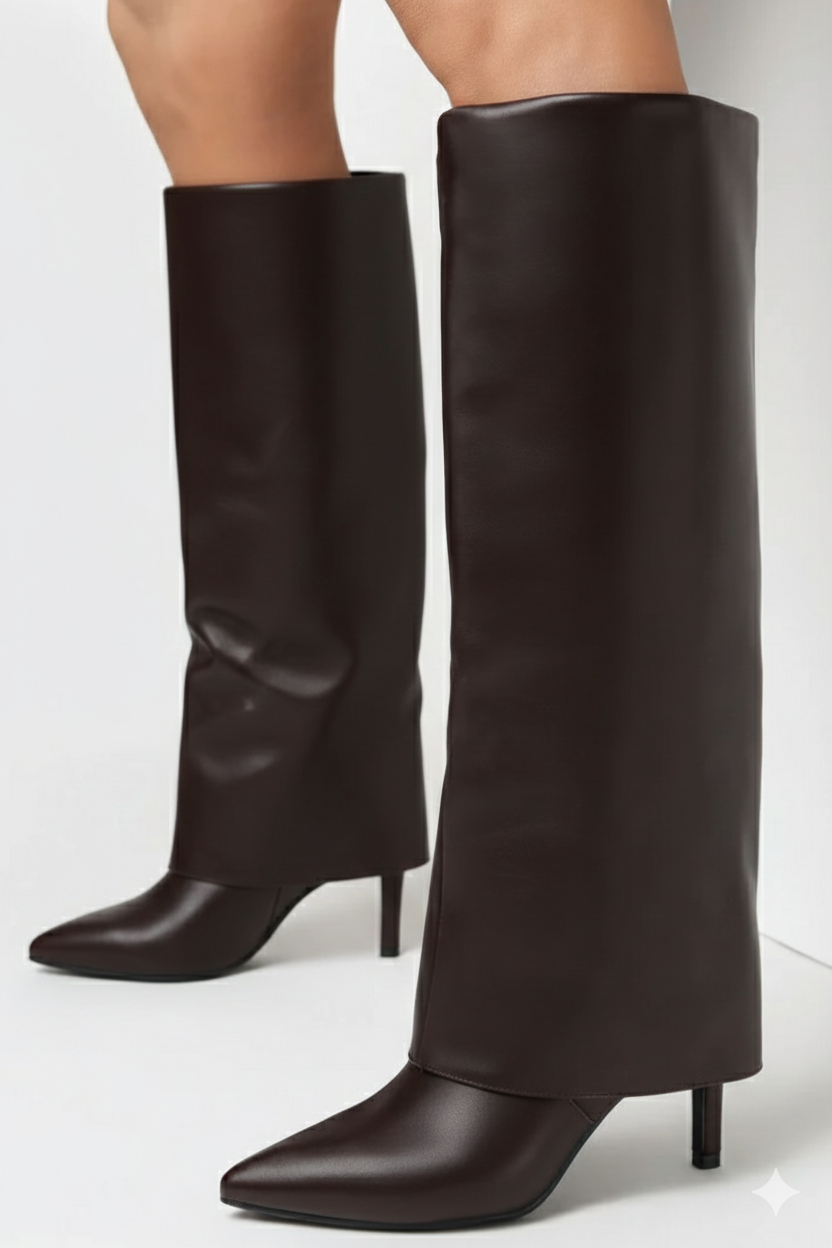 Bottes guêtres à talon aiguille et bout pointu, Marron