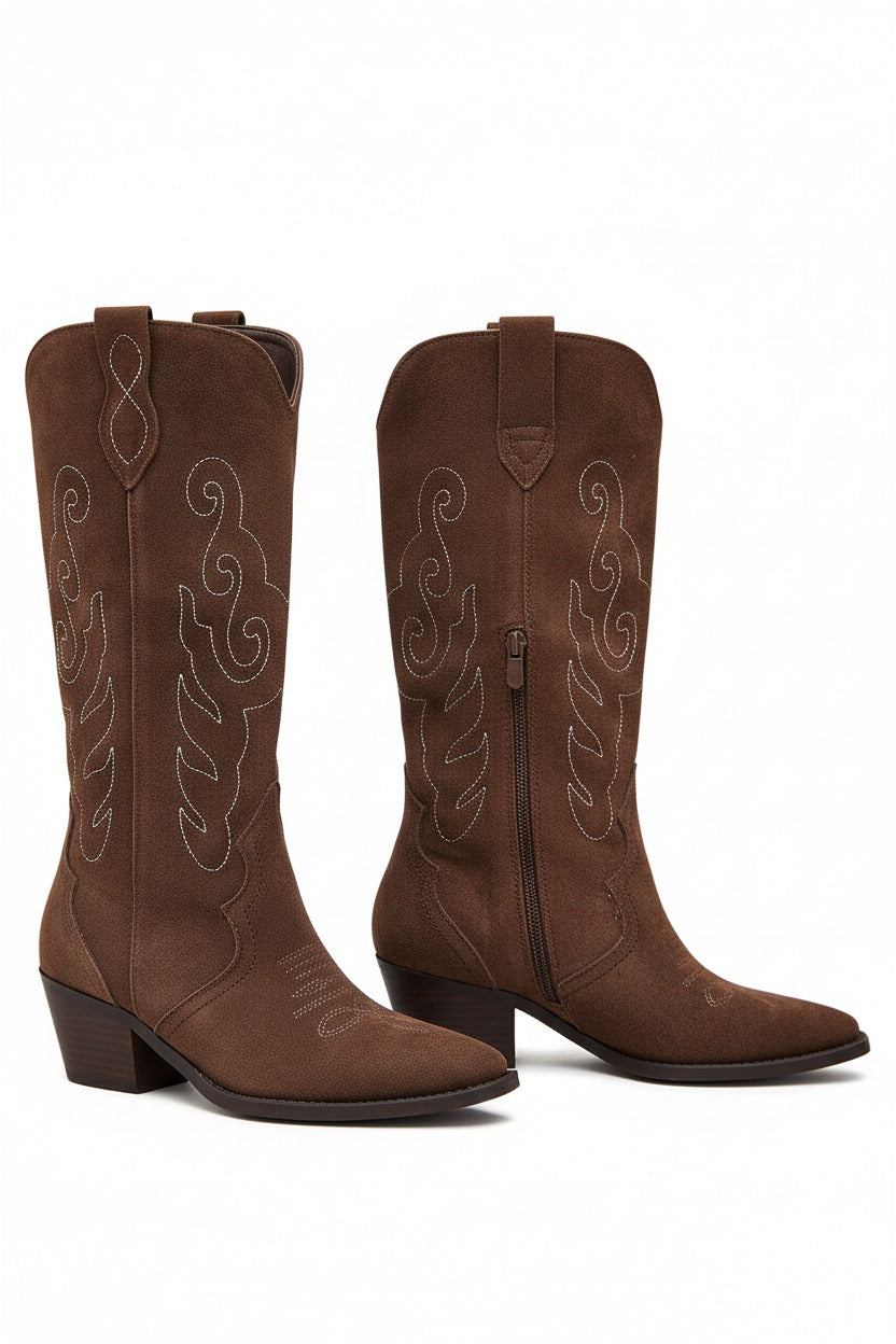 Botte Santiags Cuir Daim style Cowboy, Marron