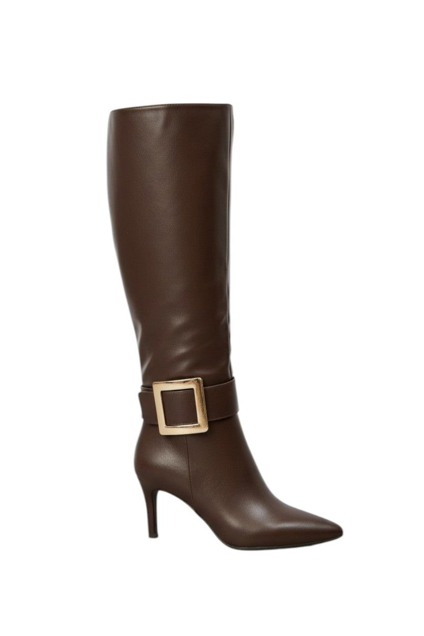 Bottes à bout pointu à talon aiguille avec grande boucle, Marron
