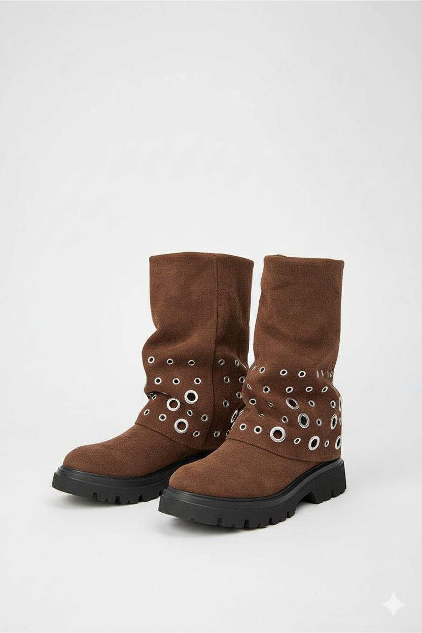 Biker boots guêtre plateforme ornées d'œillets, Marron