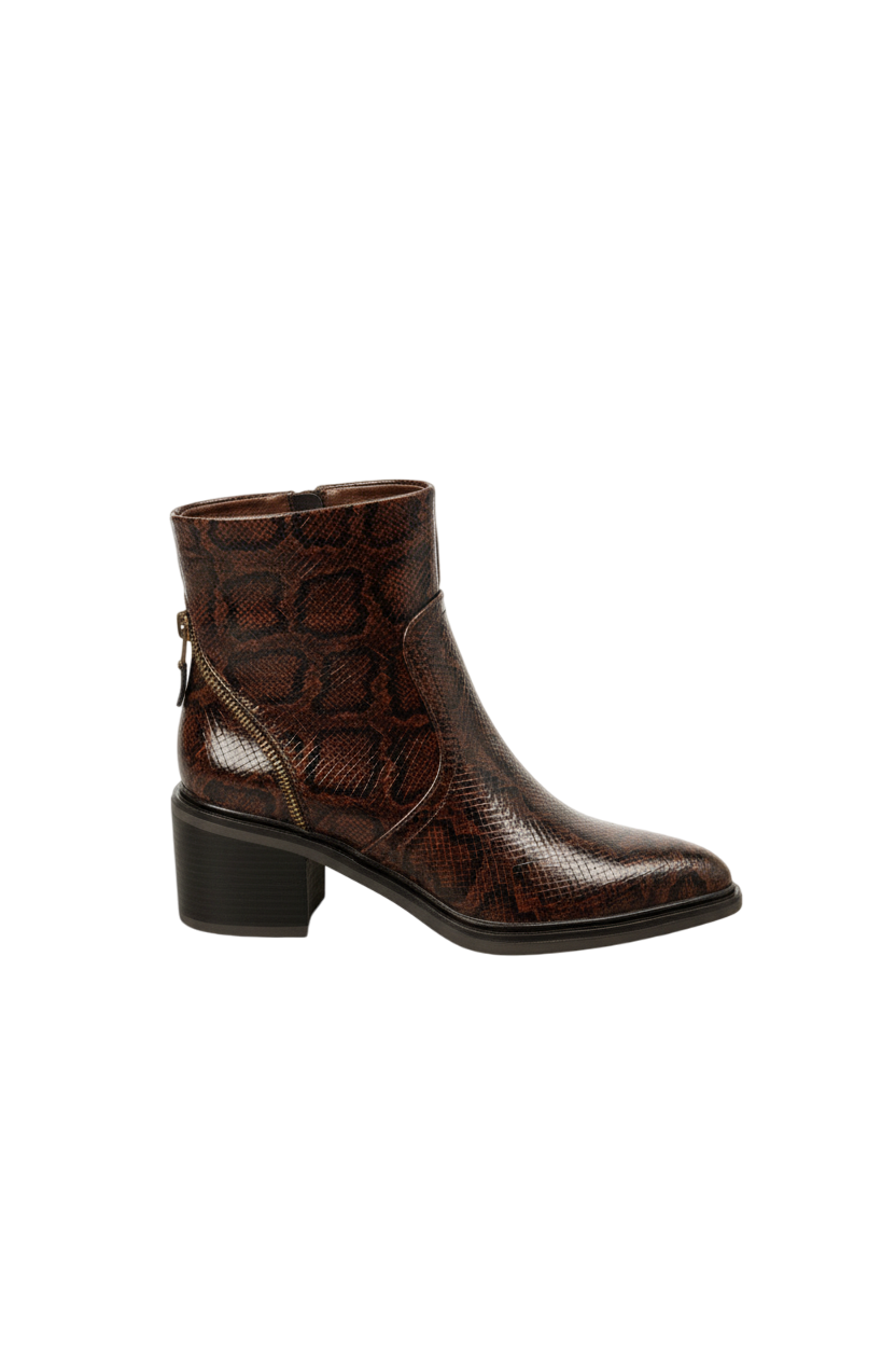 Bottines Marron à talon en similicuir effet serpent