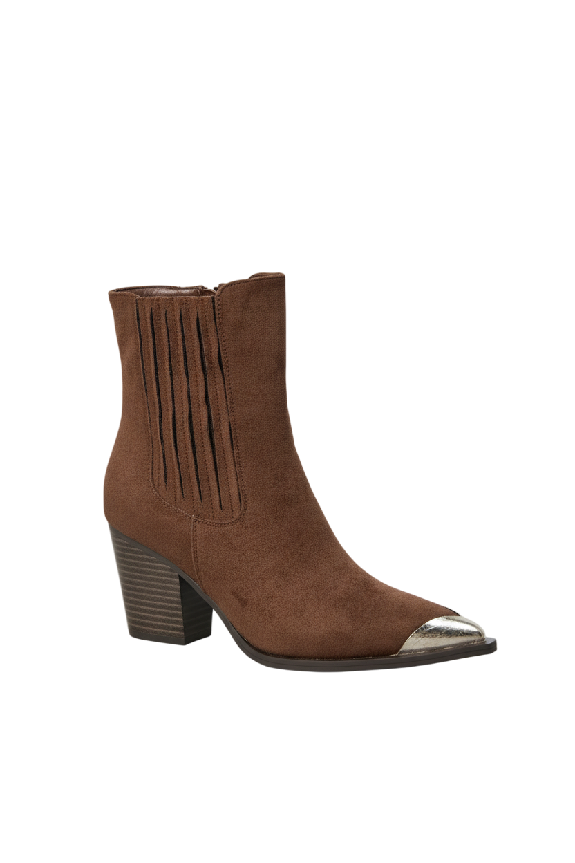 Bottines santiags à talon suédine à bout métallique, Marron