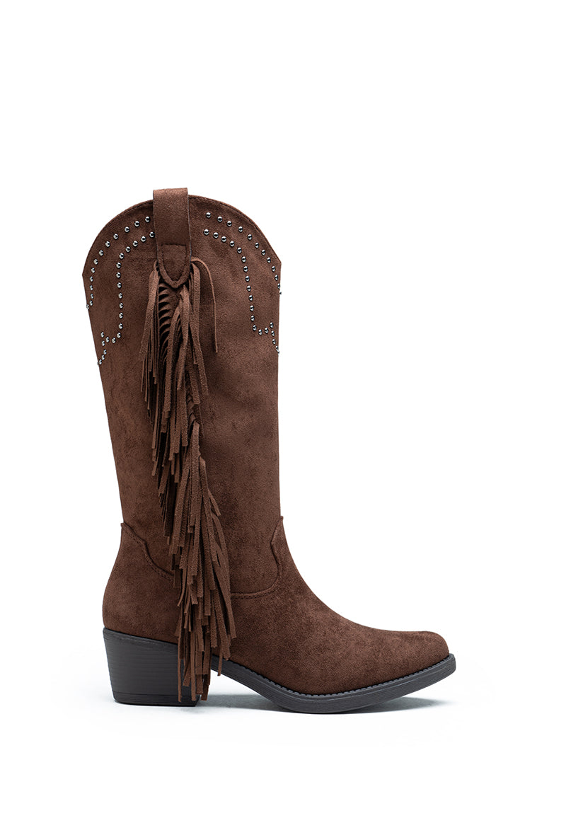 Bottes Mi-Mollet à Franges et Clous Style Santiags, Marron