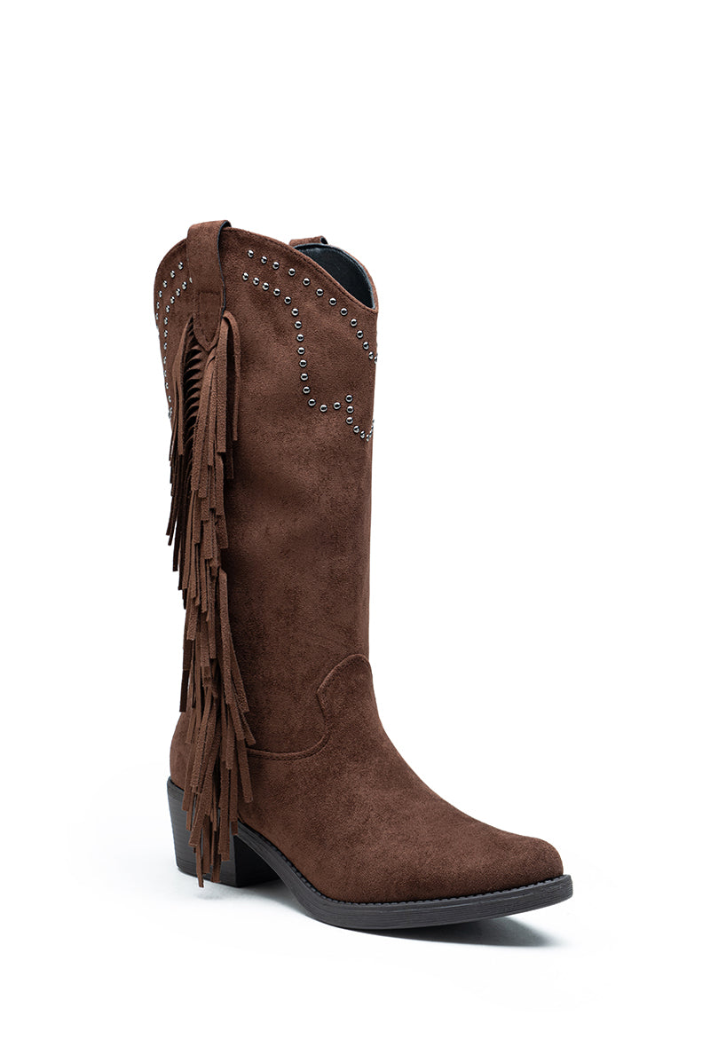 Bottes Mi-Mollet à Franges et Clous Style Santiags, Marron