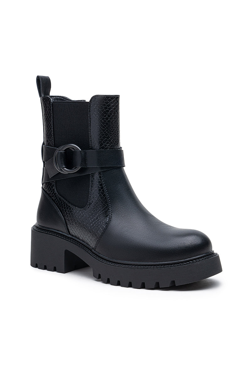 Biker boots chunky avec bride et boucle, Noir