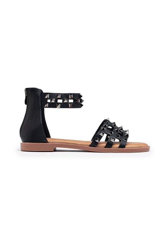 Sandales femmes plates à brides cloutées, Noires